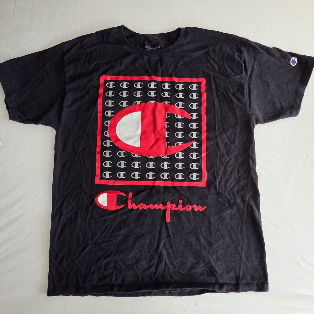 Champion Shirt Mens Large Black Big C Logo Box Graphic Tee Athletic Sports